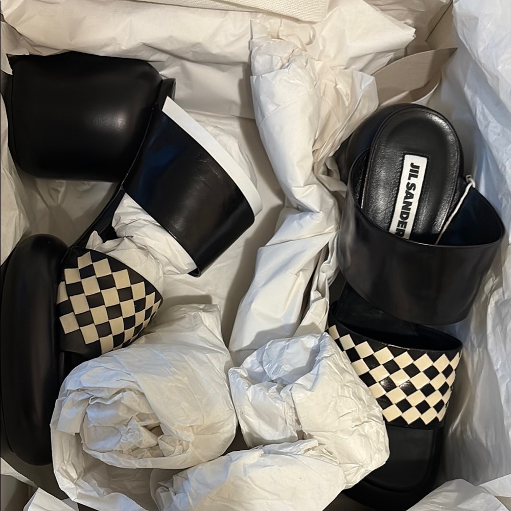 Jil Sander Black and Cream Checkered Sandals